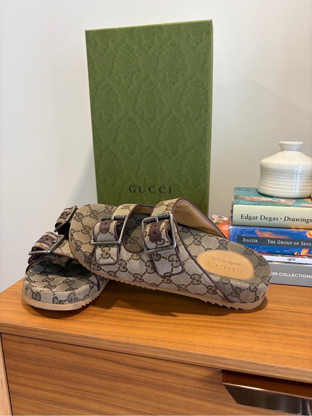 Gucci Brown Beige GG Monogram Double Buckle Slides